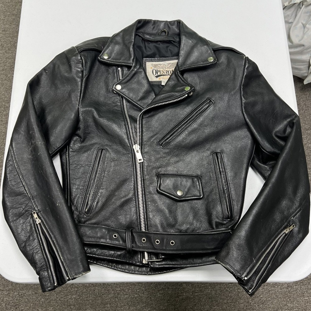 Open Road Biker Jacket Mens 34 Black Leather Vintage Motorcycle Belted Asym Zip